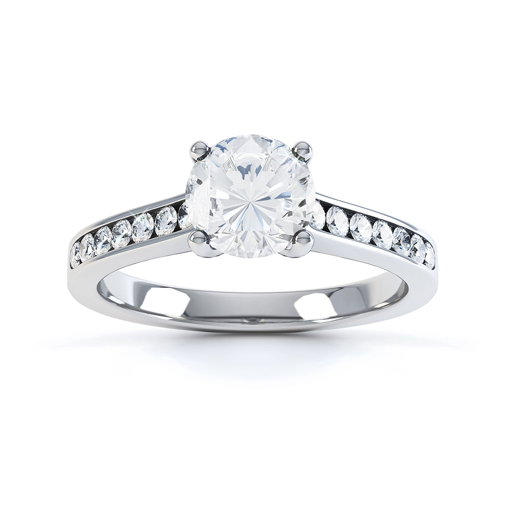 Round Brilliant Cut Centre Stone, Four Claw, Parallel Channel Set Shoulders, Diamond Engagement Ring